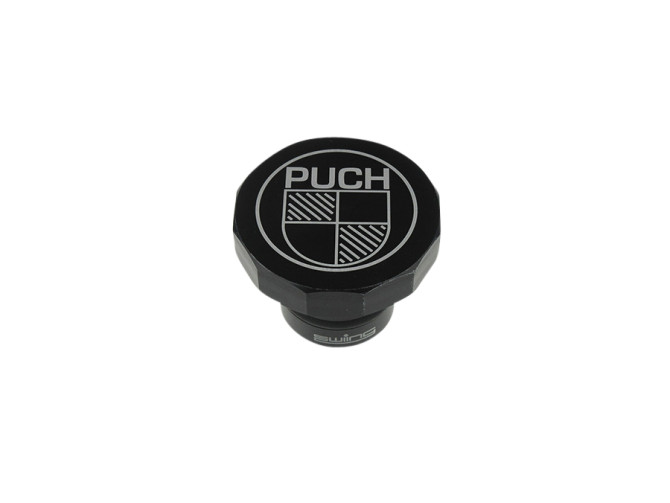 Tankdop 30mm aluminium als origineel met logo Puch Maxi zwart geanodiseerd main