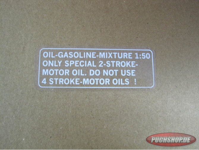 Puch gasoline mix sticker white English version main